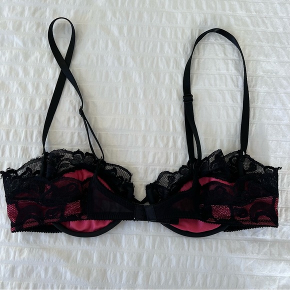 Rare VTG 1980s Victoria's Secret Pink and Black Lace Balconette Bra, 34B - Picture 5 of 11